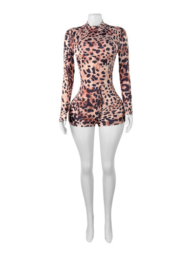 Leopard print shorts with zipper print jumpsuit