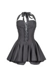 Sleeveless neck tie and chest hugging short dress