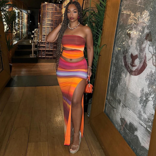Gradient printed sleeveless strapless skirt set