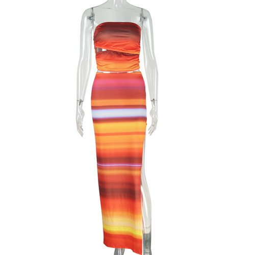 Gradient printed sleeveless strapless skirt set