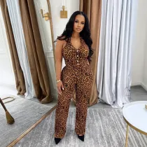 Button neck top pants leopard print two-piece set