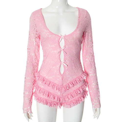 Lotus leaf edge long sleeved hollow lace jumpsuit shorts
