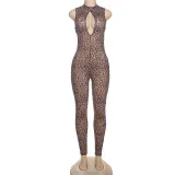 Leopard print high waisted tight jumpsuit