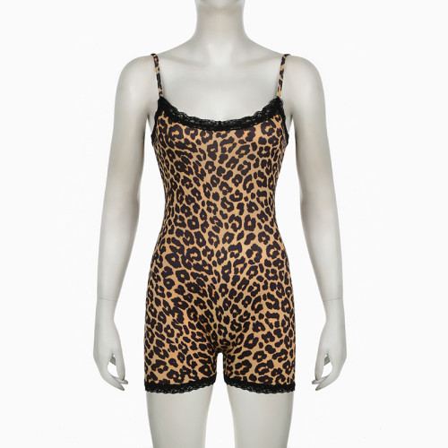 Printed jumpsuit with lace patchwork suspender and hip hugging shorts