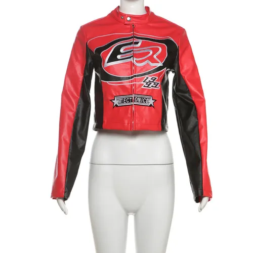 Umbilical zipper top with contrasting embroidery short jacket