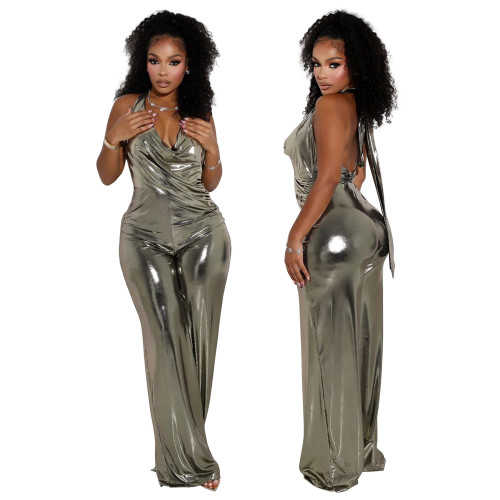 Swing collar hanging neck open back wide leg jumpsuit