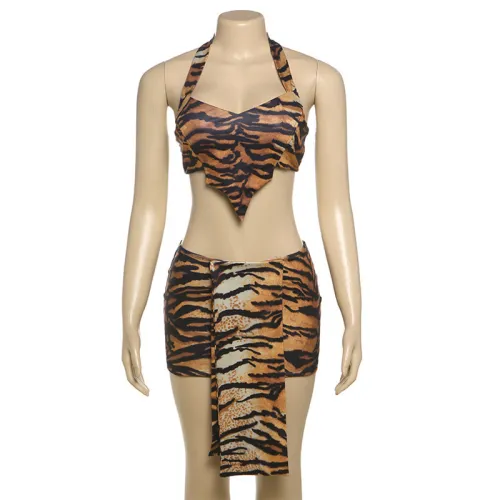Tiger print hanging neck exposed navel vest, hip hugging short skirt two-piece set