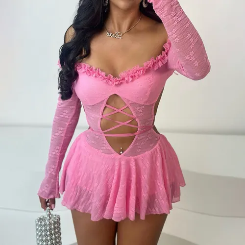 One shoulder hollowed out lace up high waisted jumpsuit