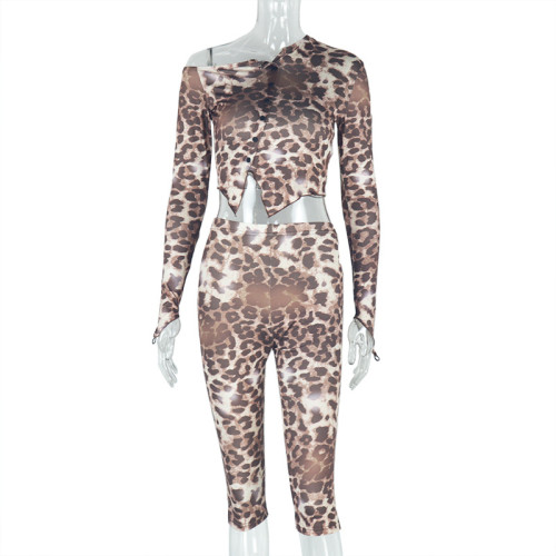 Leopard print slightly translucent asymmetrical off shoulder long sleeved top and mid pants two-piece set
