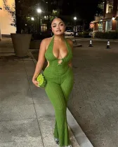 Hanging neck tie, backless jumpsuit, flared jumpsuit