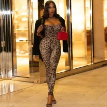 Leopard print tight jumpsuit, hip hugging, backless, camisole jumpsuit