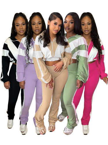Waist color block splicing contrasting sports two-piece set HR25015