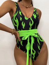 Flame patterned jumpsuit, tight fitting one-piece bikini