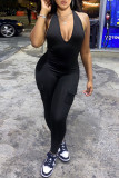 Backless hanging neck V with pocket and hip lifting sports jumpsuit