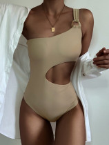 Solid color one-piece swimsuit with exposed waist and single shoulder strap