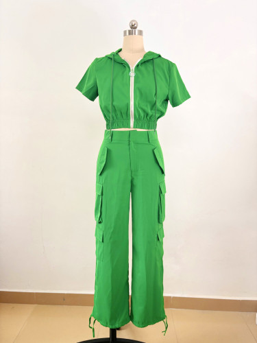 Short sleeved pocket workwear long pants two-piece set
