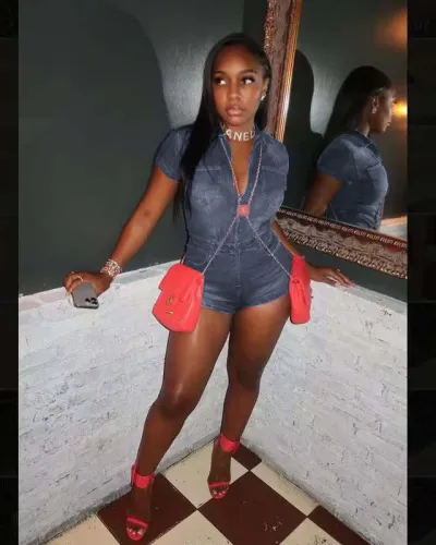 Washed stretch denim jumpsuit shorts