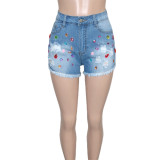 Colored diamond tassel brushed denim shorts