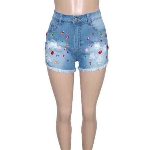 Colored diamond tassel brushed denim shorts