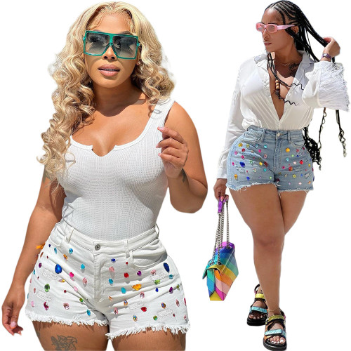 Colored diamond tassel brushed denim shorts