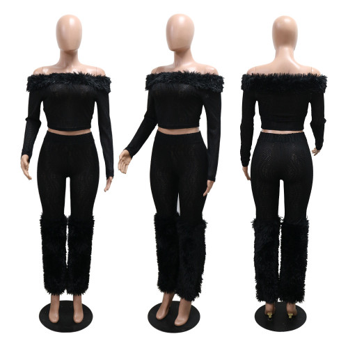 Long sleeved one shoulder top and long pants two-piece set
