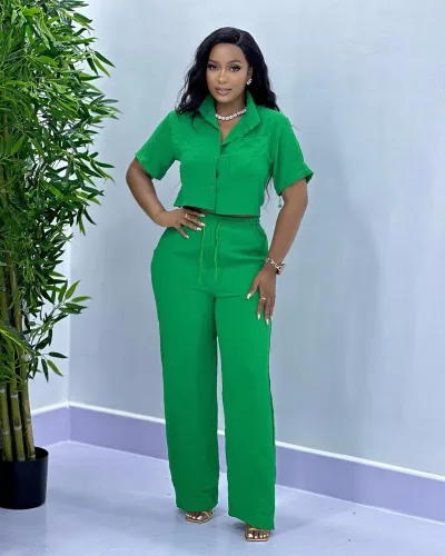 Two piece set of plus size short sleeved shirt and long pants