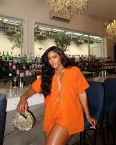 Solid color short sleeved suit high waisted shorts two-piece set
