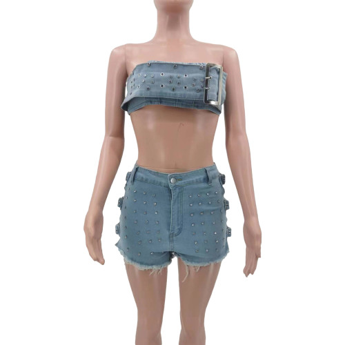 Wrap chest hot stamping elastic shorts set