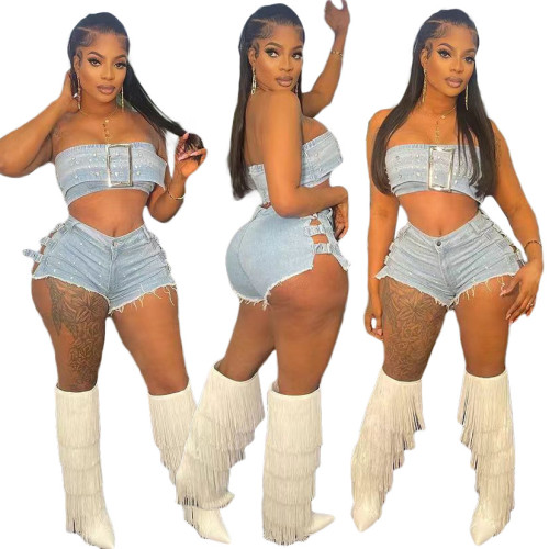 Wrap chest hot stamping elastic shorts set