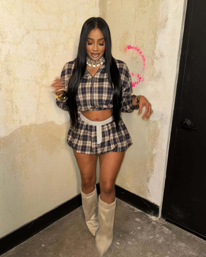 Grid printed zipper short jacket top flower bud short skirt set