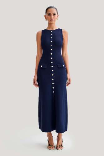 Knitted sleeveless button up dress, long skirt