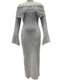 Knitted one shoulder flared sleeve long dress