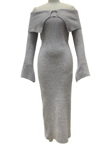Knitted one shoulder flared sleeve long dress