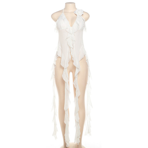 Hanging neck, exposed back, tied straps, mesh vest