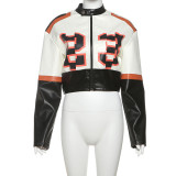 Open navel high neck zipper contrasting PU imitation leather jacket