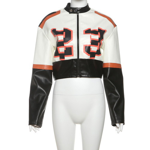 Open navel high neck zipper contrasting PU imitation leather jacket