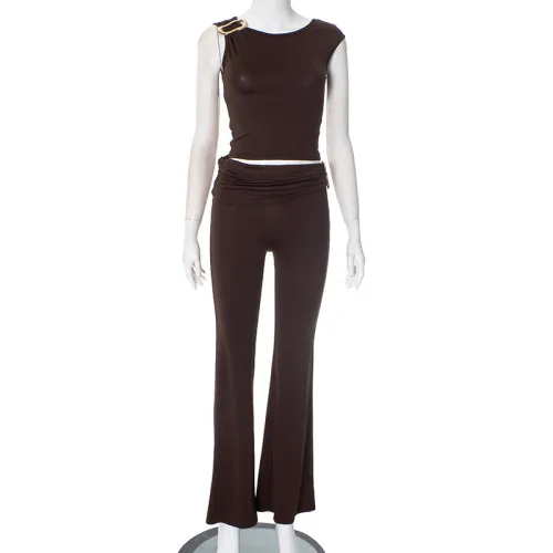 Hooded vest button exposed navel high waist pleated micro horn set