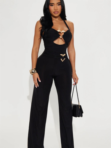 Solid color hollow metal strap backless jumpsuit