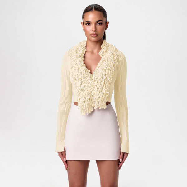 V-neck cardigan, slit long sleeved short sweater