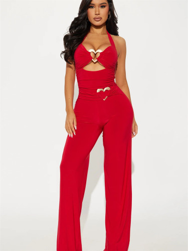 Solid color hollow metal strap backless jumpsuit
