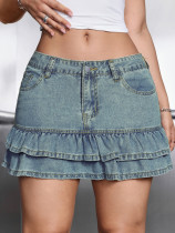 Lace high waisted ruffled denim short skirt