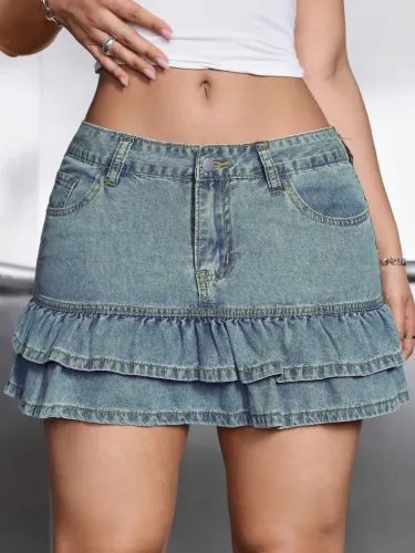 Lace high waisted ruffled denim short skirt