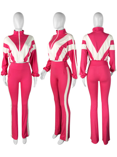 Rubber buckle waist color block splicing contrasting sports two-piece set HR25015-1