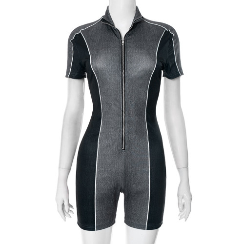 Color blocking zipper elastic sports flat angle jumpsuit