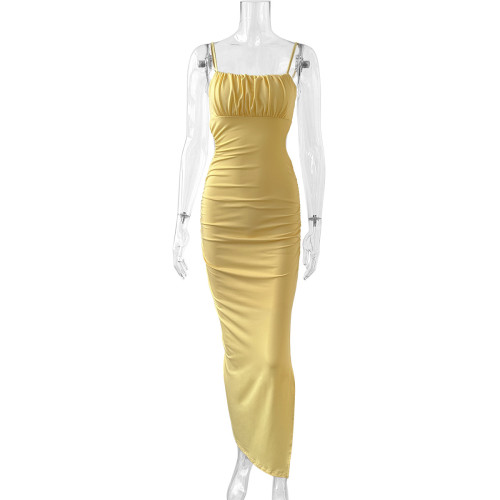 Strap top dress, backless pleated bag, hip side slit long skirt