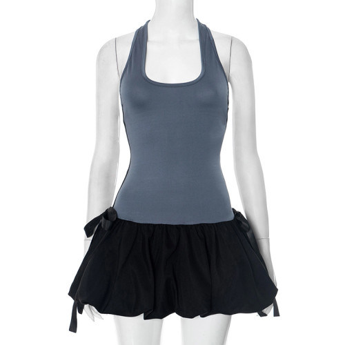 Color blocking patchwork sleeveless suspender bow flower bud dress