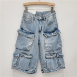 Multi pocket washed distressed workwear denim shorts