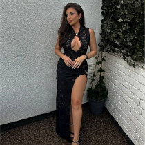 Lace hollowed out high slit sleeveless dress