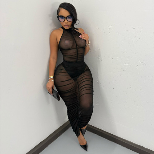 Mesh transparent sleeveless jumpsuit half skirt two-piece set