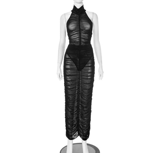 Mesh transparent sleeveless jumpsuit half skirt two-piece set